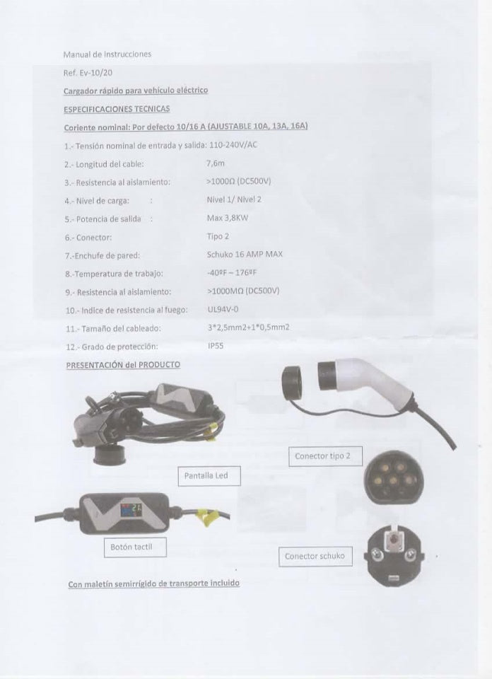 Carregador EV Automovel 220V Tipo2 10/16A